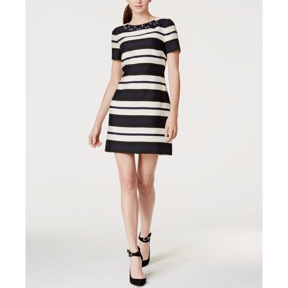 Vince Camuto Navy & White Jeweled neckline Sheath dress Size 10 Office Church